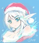  bare_shoulders blue_eyes breasts bust christmas cleavage elf hat long_hair mel/a original pointy_ears santa_costume santa_hat signature solo white_hair 