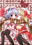  aru-111 ascot bat_wings black_legwear blonde_hair blue_hair blush bow closed_eyes dress eyes_closed flandre_scarlet hat multiple_girls open_mouth plaid plaid_scarf red_eyes remilia_scarlet ribbon scarf shared_scarf short_hair siblings side_ponytail sisters smile thigh-highs thighhighs touhou wings wrist_cuffs 