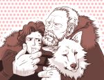  2boys a_song_of_ice_and_fire beard coat facial_hair fur_trim ghost_(a_song_of_ice_and_fire) hug jeor_mormont jon_snow monochrome multiple_boys red wolf yd_switch 