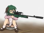  1girl aiming animal_ears bamboo_broom broom dress green_eyes green_hair gun holster kasodani_kyouko open_mouth rifle scope short_dress sitting sniper_rifle solo suppressor sv-98 thigh_holster thigh_strap touhou tsunozemi weapon 