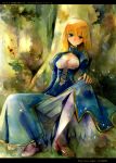  ahoge armor blonde_hair blue_eyes breasts burirai character_name cleavage dress fate/stay_night fate_(series) highres long_hair saber sitting smile solo title_drop 
