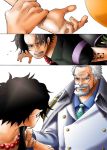  2boys age_difference backpack beard black_hair facial_hair family freckles grandfather hat jewelry kara_(acluf-0156) male monkey_d_garp multiple_boys muscle necklace one_piece pirate portgas_d_ace randoseru scar standing tattoo white_hair 