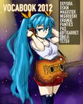  adjusting_headwear aqua_eyes aqua_hair bow breasts cleavage guitar hair_bow hands_on_headphones hands_up hatsune_miku headphones highres instrument long_hair medical_whiskey miniskirt pas_(paxiti) promotional_art skirt solo thigh-highs thighhighs twintails very_long_hair vocaloid 