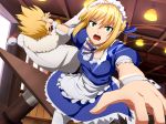  1girl ahoge artoria_pendragon_(all) blonde_hair carnival_phantasm dress earrings fate/stay_night fate_(series) gilgamesh green_eyes hair_ribbon jewelry maid maid_headdress open_mouth pantyhose ribbon saber short_hair throwing umakatsuhai 