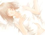  brown_eyes collarbone hand_on_own_chest navel okamocheese original pillow sleeping solo 