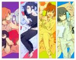  barefoot bed bird blue_eyes blue_hair brown_eyes brown_hair cellphone headphones inazuma_eleven inazuma_eleven_(series) inazuma_eleven_go kirino_ranmaru long_hair lying male matsukaze_tenma multiple_boys pajamas penguin phone pillow popokuri shindou_takuto short_hair stuffed_animal stuffed_toy tsurugi_kyousuke yellow_eyes 