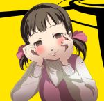  bad_id blush brown_eyes brown_hair child doujima_nanako hand_on_own_cheek hands_on_own_cheeks hands_on_own_face ma_(2ql) persona persona_4 short_hair smile solo twintails yandere_trance 