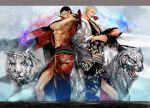  2boys black_hair blonde_hair blue_eyes broad_shoulders capcom crossover fabulous fang fatal_fury flower geese_howard hat hideaki highres japanese_clothes kimono king_of_fighters male manly multiple_boys muscle short_hair smile snk street_fighter tiger vega yellow_eyes 