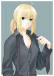  ahoge breasts cleavage fate/stay_night fate/zero fate_(series) formal green_eyes hitomi_karera karera73 long_hair pant_suit ponytail saber solo suit 