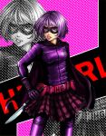  belt belt_pouch blue_eyes bob_cut cape hit-girl kick-ass knife lips plaid plaid_skirt purple_hair short_hair skirt solo spandex superhero vvahvv zoom_layer 