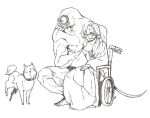  artist_request dog eyes_closed gas_mask goggles height_difference monster muscle oikawa_uso old original side_ponytail sketch smile wheelchair 