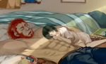  beard bed black_hair chulxi facial_hair fate/stay_night fate/zero fate_(series) green_hair male map multiple_boys oversized_clothes pants red_eyes red_hair redhead rider_(fate/zero) shirtless sleeping waver_velvet yaoi 