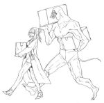  carrying gas_mask glasses goggles height_difference lowres monster muscle oikawa_uso original overcoat ponytail sketch smile tail walking 