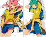  akishima_kei arms_up bag green_eyes green_hair inazuma_eleven inazuma_eleven_(series) inazuma_eleven_go jacket kariya_masaki kirino_ranmaru long_hair multiple_boys pink_hair short_hair soccer_uniform twintails wink yellow_eyes 