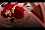  anime_coloring black_legwear ex_hien fang highres letterboxed mahou_shoujo_madoka_magica motion_blur polearm red_eyes red_hair redhead sakura_kyouko solo spear thigh-highs thighhighs weapon 