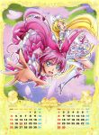  2girls :d april blonde_hair blue_eyes boots braid calendar cherry_blossoms cure_melody cure_rhythm dress frills green_eyes hair_ribbon hairband happy heart houjou_hibiki long_hair magical_girl march minamino_kanade multiple_girls official_art open_mouth outstretched_hand petals pink_hair precure ribbon scan smile spring_(season) suite_precure takahashi_akira twintails 
