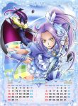  2girls august blue_background bodysuit boots brooch calendar cape cure_beat cure_muse cure_muse_(black) dress fairy_tone frills gloves guitar hair_ornament hair_ribbon hairpin heart instrument jewelry july kurokawa_ellen long_hair love_guitar_rod magical_girl mask multiple_girls official_art precure purple_hair ribbon scan serious shirabe_ako side_ponytail siren_(suite_precure) suite_precure takahashi_akira thigh_boots thighhighs yellow_eyes 