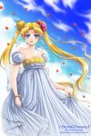  bare_shoulders bishoujo_senshi_sailor_moon blonde_hair blue_eyes bracelet crescent_moon double_bun dress facial_mark flower forehead_mark hair_flower hair_ornament jewelry long_hair moon princess princess_serenity red_rose rose shainea solo tsukino_usagi twintails watermark web_address 