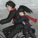  1girl bicycle black_hair black_legwear closed_eyes couple eyes_closed highres original pantyhose ponytail scarf school_uniform skirt snow yoshikawa_hazure 