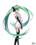  breasts center_opening elbow_gloves gloves green_eyes green_hair hatsune_miku hatsune_miku_(append) highres kenneth_(qq) long_hair looking_back miku_append simple_background smile solo thigh-highs thighhighs twintails very_long_hair vocaloid vocaloid_append 