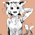  animal_ears bust cat_ears cat_tail chen earrings face hand_behind_head hat highres jewelry monochrome multiple_tails short_hair siroiyuki sketch solo tail touhou 