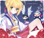  2boys bad_hands black_hair blonde_hair caster_(fate/zero) chibi cosplay cross emiya_kiritsugu fate/stay_night fate/zero fate_(series) flower green_eyes hair_ribbon kaitou_jeanne kaitou_jeanne_(cosplay) kamikaze_kaitou_jeanne multiple_boys red_rose ribbon rin_(teiuka-forever) rose saber wings 