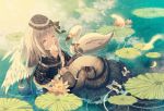  angel_wings bird black_dress capelet cloud detached_wings dress evemace feathers flower grey_hair hat lily_pad long_hair original partially_submerged reflection ripples solo water white_wings wings yellow_eyes 