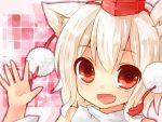  :d animal_ears bad_id close-up detached_sleeves face fang hat highres inubashiri_momiji looking_at_viewer open_hand open_mouth pom_pom_(clothes) pom_pom_(clothing) red_eyes sad_fuka smile solo tokin_hat touhou waving white_hair 