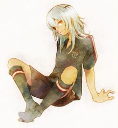  bad_id dark_skin eyepatch footwear hiruri inazuma_eleven inazuma_eleven_(series) long_hair male red_eyes sakuma_jirou sitting smile soccer_uniform socks solo white_hair 