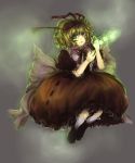  blonde_hair blue_eyes bubble_skirt doll doll_joints dress flower grey_background hair_ribbon highres holding lily_of_the_valley medicine_melancholy puffy_sleeves ribbon sheryth short_hair short_sleeves solo touhou 