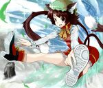  animal_ears bell brown_eyes brown_hair cat_ears cat_tail chen chinese_clothes earrings foreshortening hat high_heels jewelry jingle_bell jumping long_sleeves multiple_tails shoes short_hair siroiyuki solo tail touhou 