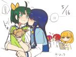  ! ahoge aoki_reika blue_hair blush_stickers cheek_kiss couple eating food green_eyes green_hair hamburger heart hino_akane hoshizora_miyuki kise_yayoi kiss midorikawa_nao pocky pocky_kiss precure shared_food sketch smile_precure! sparkling_eyes yomosaka yuri 