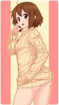  ass blush bottomless brown_eyes brown_hair hair_ornament hand_on_hip hips hirasawa_yui jkp423 k-on! komase_(jkp423) looking_at_viewer looking_back naked_sweater no_panties no_pants open_mouth short_hair solo sweater sweater_dress turtleneck 