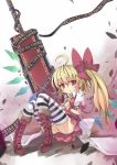  ahoge ascot boots child cicin cross-laced_footwear flandre_scarlet huge_weapon knee_boots lace-up_boots no_hat no_headwear panties pantyshot pantyshot_(sitting) pantyshot_sitting red_eyes short_hair side_ponytail sitting solo striped striped_legwear sword the_embodiment_of_scarlet_devil thigh-highs thighhighs touhou underwear weapon wings 