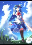  blue_hair boots cloud cross-laced_footwear dress flower food fruit grass hand_on_hat hat hinanawi_tenshi knee_boots lace-up_boots letterboxed peach petals red_eyes scenery sky smile solo sword sword_of_hisou touhou weapon whitesesame wind 