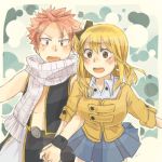  blush couple erinan fairy_tail hand_holding holding_hands lucy_heartfilia natsu_dragneel open_mouth pink_hair scarf skirt wristband 