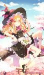  blonde_hair blue_sky bow braid broom cherry_blossoms cloud flower h2so4 hair_bow hair_flower hair_ornament hat kirisame_marisa kneehighs mary_janes shoes sitting skirt sky smile solo torii touhou tree vest white_legwear witch witch_hat wrist_cuffs yellow_eyes 