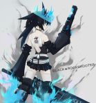  black_hair black_rock_shooter black_rock_shooter_(character) black_rock_shooter_beast blue_eyes boots crown detached_sleeves from_behind glowing glowing_eyes gun long_hair looking_back skirt solo sword tattoo thigh-highs thigh_boots thighhighs twintails weapon 