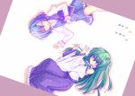  blue_hair closed_eyes detached_sleeves eyes_closed frog green_eyes green_hair hair_ornament hair_tubes highres ikoo kochiya_sanae long_hair lying multiple_girls saliva short_hair skirt sleeping snake tatara_kogasa touhou 