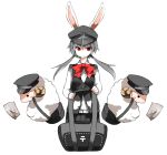  animal_ears bow bunny_ears expressionless grey_hair hat looking_at_viewer midair original postman red_eyes sheep simple_background two_side_up 