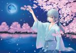  androgynous cherry_blossoms earrings highres jewelry kasyu lake light_smile male moon musou_orochi night night_sky ponytail purple_eyes reflection robe silver_hair sky solo star_(sky) taigong_wang trap tree violet_eyes 
