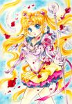  2011 angel_wings bishoujo_senshi_sailor_moon blonde_hair blue_eyes bow choker colored_pencil_(medium) crescent_moon dated double_bun earrings elbow_gloves eternal_sailor_moon gloves hair_ornament heart highres jewelry magical_girl moon nashi_juni petals pleated_skirt rose_petals sailor_collar sailor_moon signature skirt solo staff tiara traditional_media tsukino_usagi twintails watercolor_(medium) wings 