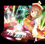  brown_eyes brown_hair hat highres instrument keyboard_(instrument) lyrica_prismriver microphone microphone_stand nmaaaaa open_mouth shirt short_hair skirt skirt_set smile solo touhou wink 