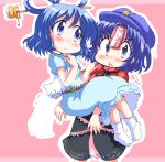  :&lt; blue_eyes blue_hair blush carrying dress fang flower geetsu hair_rings hair_stick hat kaku_seiga miyako_yoshika multiple_girls ofuda open_mouth outstretched_arms pink_background princess_carry short_hair simple_background skirt socks star touhou zombie_pose 