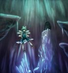  1girl bad_id balancing blue_eyes blue_hair bow cave cirno dress hair_bow hands_on_hips ice ice_wings muted_color pietani397 short_hair smile solo stalactite stalagmite touhou wings 