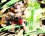  animal_ears aura detached_sleeves frown glowing glowing_weapon grey_hair ground_shatter hat highres huge_weapon inubashiri_momiji navel pom_pom_(clothes) pom_pom_(clothing) red_eyes serious short_hair skirt solo sword tail tokin_hat touhou weapon wolf_ears wolf_tail yamaguchi_yoshimi 