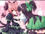  alternate_hairstyle animal_ears bad_id bent_over black_dress black_hair black_legwear blush bow braid breast_grab breasts brown_hair cat_ears cleavage cleavage_cutout dress hair_bow hair_ribbon kaenbyou_rin kuromari_(runia) large_breasts letterboxed long_hair multiple_girls open_mouth ponytail red_eyes red_hair redhead reiuji_utsuho ribbon shirt simple_background skirt thigh-highs thighhighs touhou twin_braids very_long_hair yuri zettai_ryouiki 