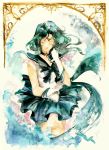  aqua_hair bishoujo_senshi_sailor_moon choker closed_eyes eyes_closed highres kaiou_michiru sailor_collar sailor_neptune solo spelarminlind traditional_media watercolor_(medium) 