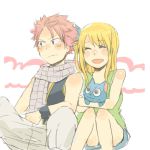  blush cat closed_eyes couple erinan eyes_closed fairy_tail happy_(fairy_tail) looking_away lucy_heartfilia natsu_dragneel open_mouth scarf sitting smile 