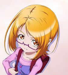  backpack bag from_above glasses gradient gradient_background looking_at_viewer orange_eyes orange_hair pink-framed_glasses precure purple-framed_glasses randoseru shin_(irowanioedo) shirabe_ako short_hair solo suite_precure 